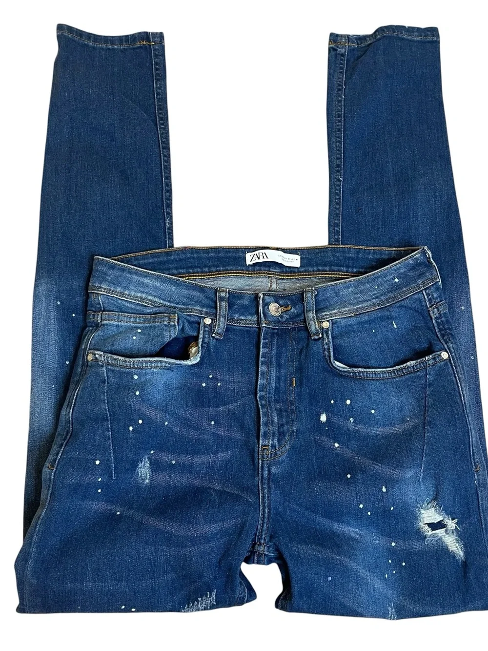 Zara Men's Dark Blue Slim Distressed Paint Splatter Jeans Sz 31